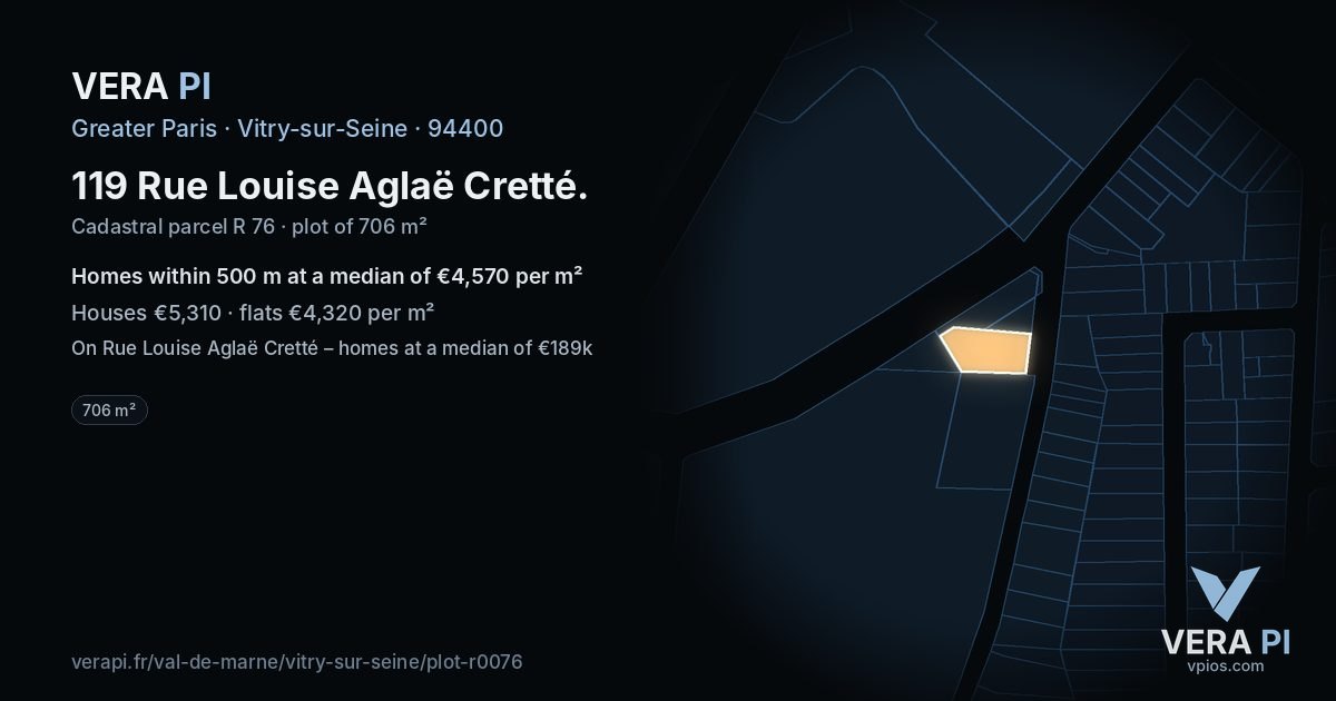 119 Rue Louise Aglaë Cretté, Vitry-sur-Seine at night – the plot lit, the parcels around coloured by the prices near them