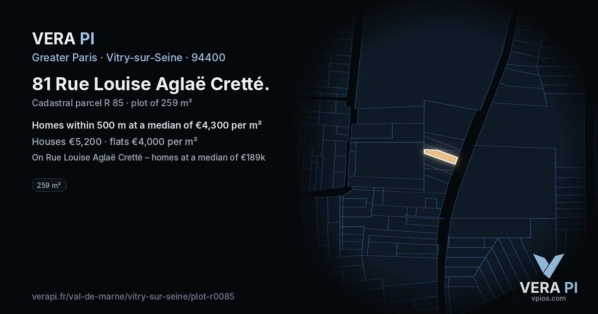 81 Rue Louise Aglaë Cretté, Vitry-sur-Seine at night – the plot lit, the parcels around coloured by the prices near them