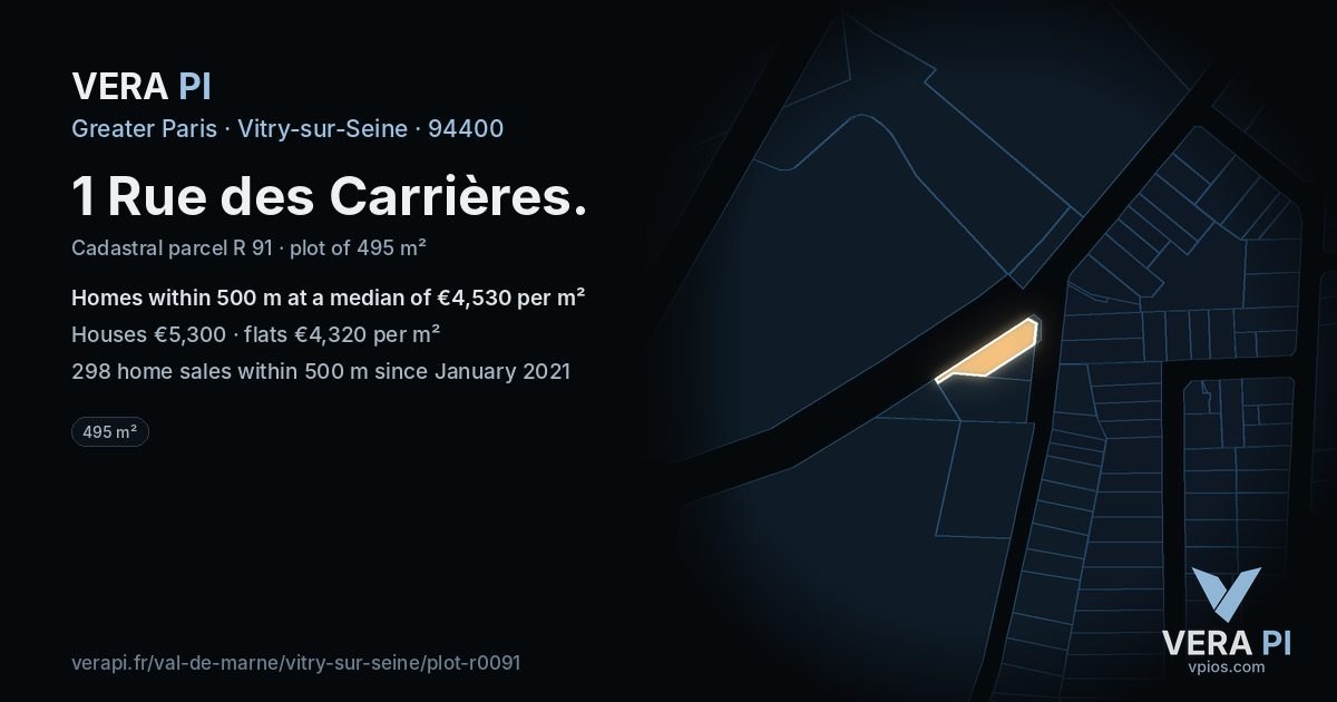 1 Rue des Carrières, Vitry-sur-Seine at night – the plot lit, the parcels around coloured by the prices near them