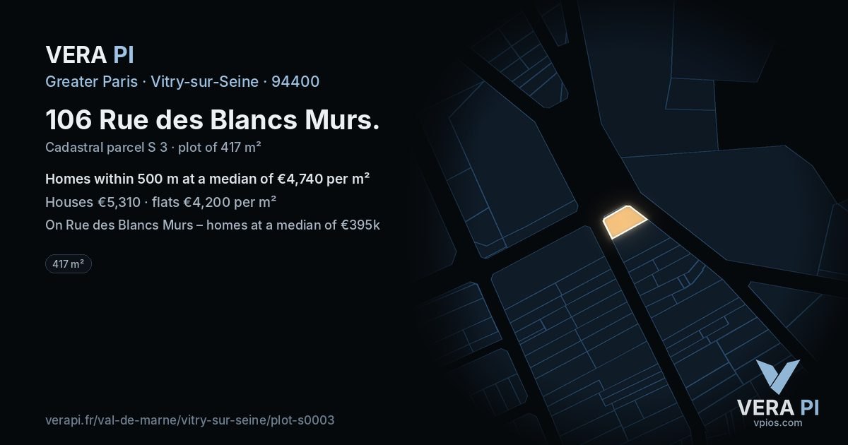 106 Rue des Blancs Murs, Vitry-sur-Seine at night – the plot lit, the parcels around coloured by the prices near them