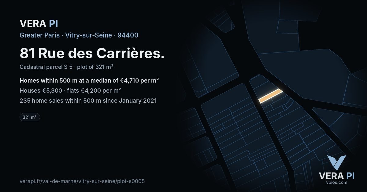 81 Rue des Carrières, Vitry-sur-Seine at night – the plot lit, the parcels around coloured by the prices near them