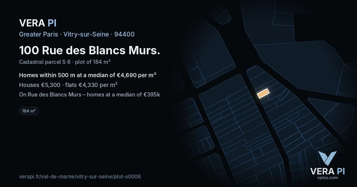 100 Rue des Blancs Murs, Vitry-sur-Seine at night – the plot lit, the parcels around coloured by the prices near them