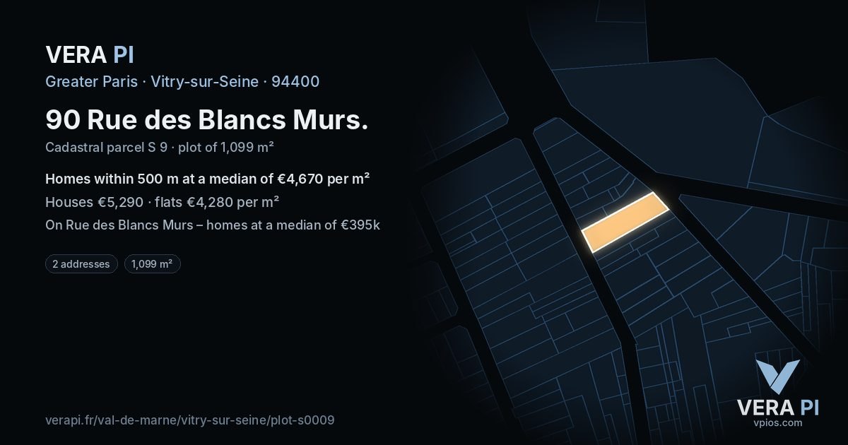 90 Rue des Blancs Murs, Vitry-sur-Seine at night – the plot lit, the parcels around coloured by the prices near them