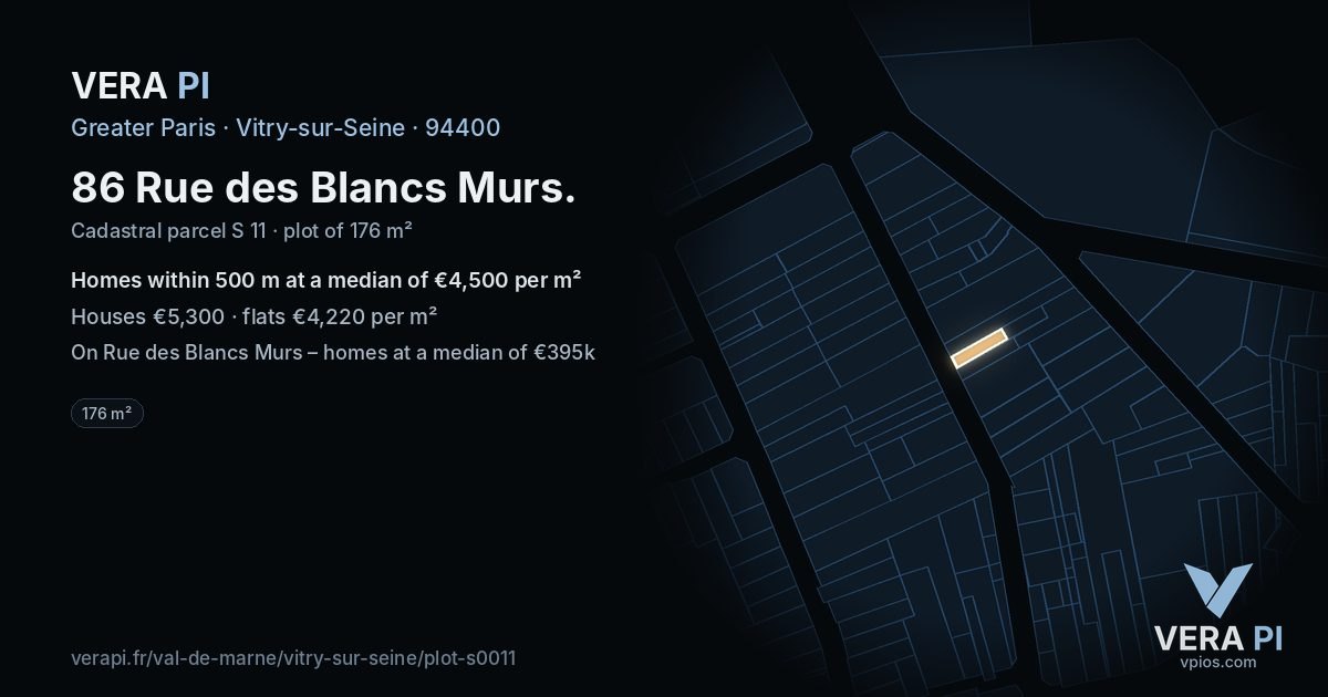 86 Rue des Blancs Murs, Vitry-sur-Seine at night – the plot lit, the parcels around coloured by the prices near them