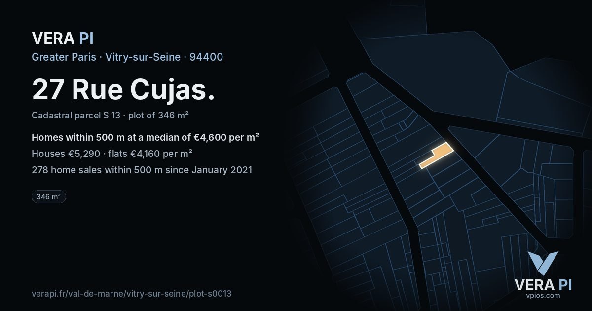 27 Rue Cujas, Vitry-sur-Seine at night – the plot lit, the parcels around coloured by the prices near them