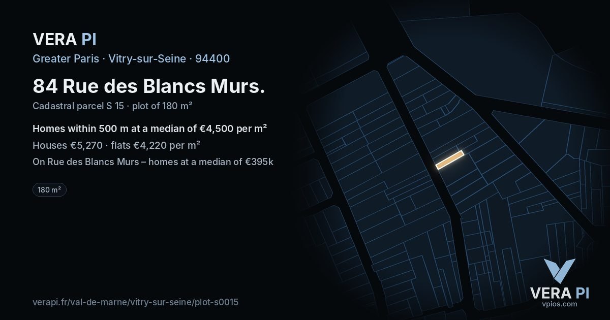 84 Rue des Blancs Murs, Vitry-sur-Seine at night – the plot lit, the parcels around coloured by the prices near them