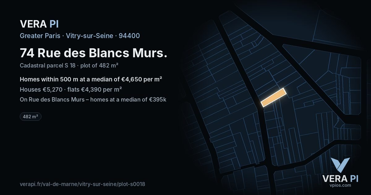 74 Rue des Blancs Murs, Vitry-sur-Seine at night – the plot lit, the parcels around coloured by the prices near them