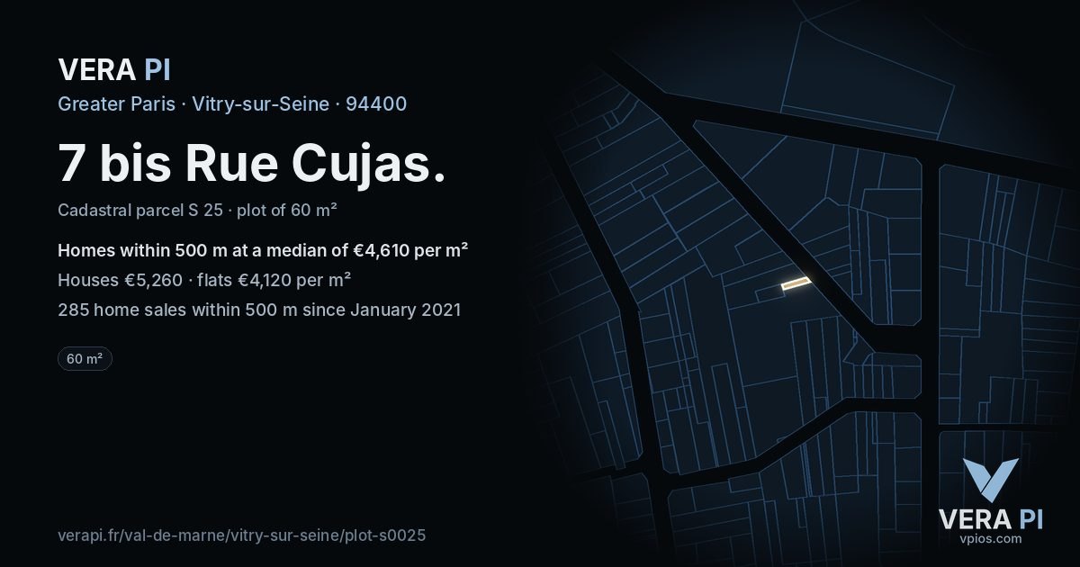 7 bis Rue Cujas, Vitry-sur-Seine at night – the plot lit, the parcels around coloured by the prices near them