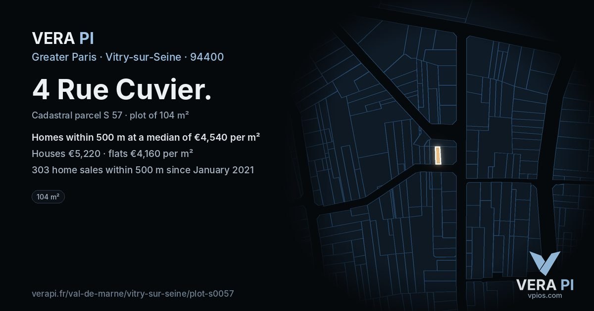 4 Rue Cuvier, Vitry-sur-Seine at night – the plot lit, the parcels around coloured by the prices near them