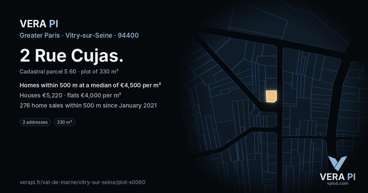 2 Rue Cujas, Vitry-sur-Seine at night – the plot lit, the parcels around coloured by the prices near them