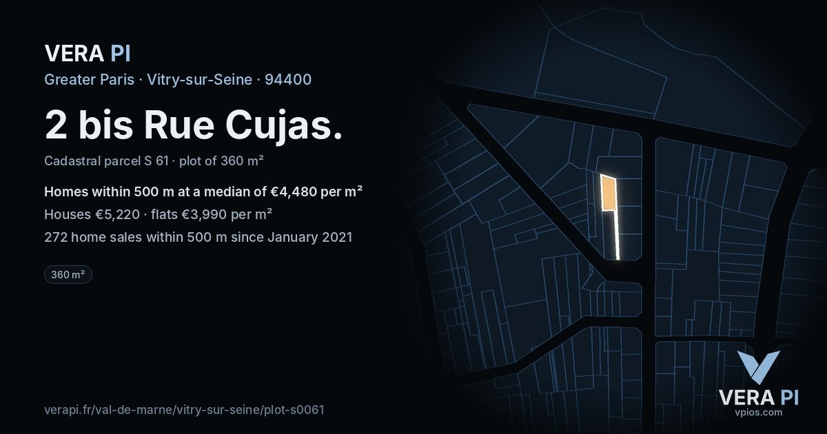 2 bis Rue Cujas, Vitry-sur-Seine at night – the plot lit, the parcels around coloured by the prices near them