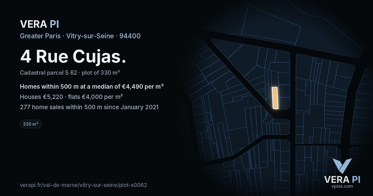 4 Rue Cujas, Vitry-sur-Seine at night – the plot lit, the parcels around coloured by the prices near them