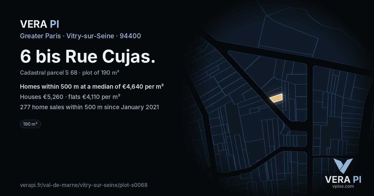 6 bis Rue Cujas, Vitry-sur-Seine at night – the plot lit, the parcels around coloured by the prices near them
