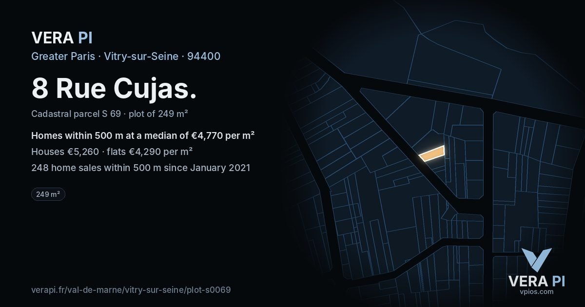 8 Rue Cujas, Vitry-sur-Seine at night – the plot lit, the parcels around coloured by the prices near them