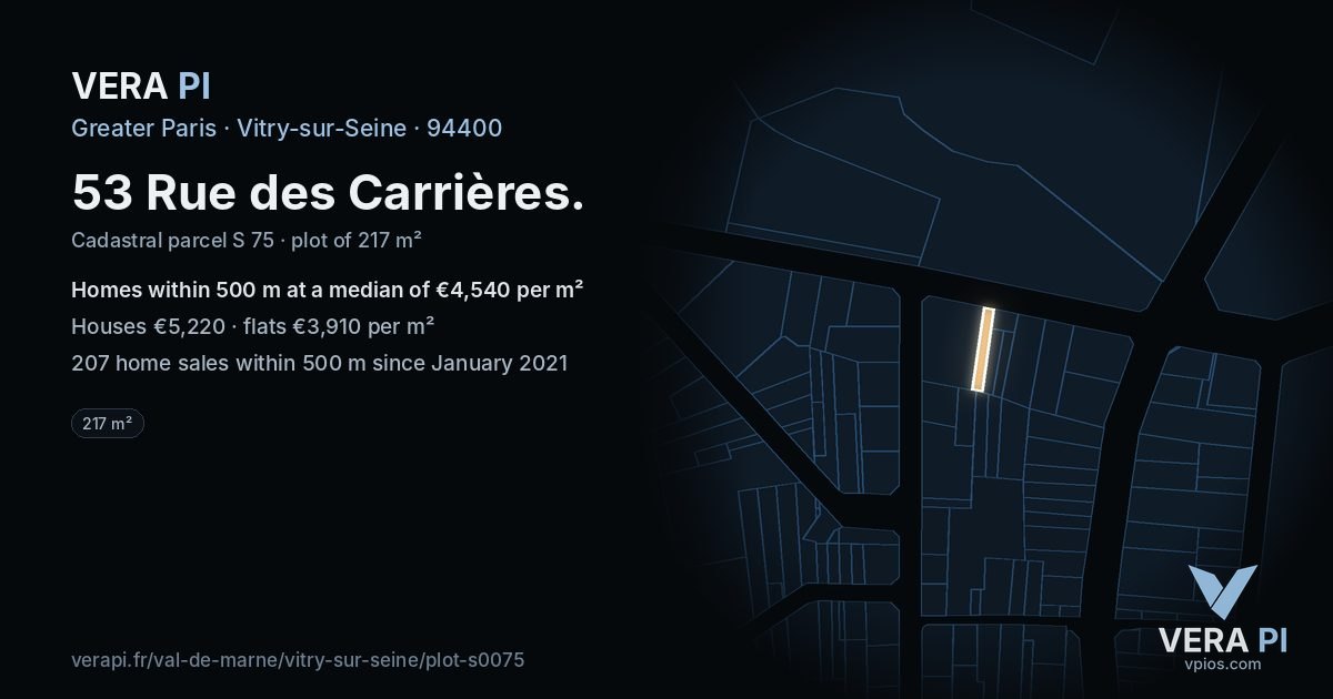 53 Rue des Carrières, Vitry-sur-Seine at night – the plot lit, the parcels around coloured by the prices near them