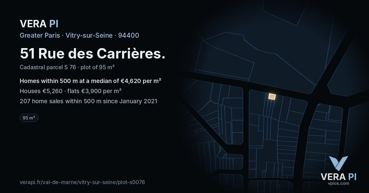 51 Rue des Carrières, Vitry-sur-Seine at night – the plot lit, the parcels around coloured by the prices near them