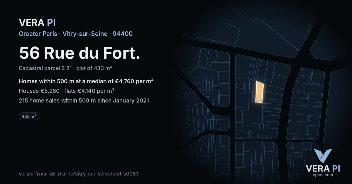 56 Rue du Fort, Vitry-sur-Seine at night – the plot lit, the parcels around coloured by the prices near them