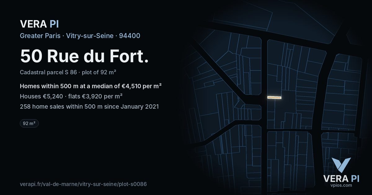 50 Rue du Fort, Vitry-sur-Seine at night – the plot lit, the parcels around coloured by the prices near them
