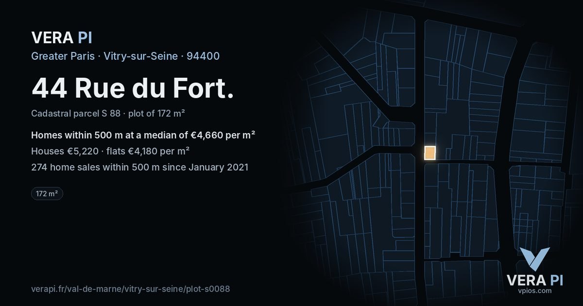 44 Rue du Fort, Vitry-sur-Seine at night – the plot lit, the parcels around coloured by the prices near them