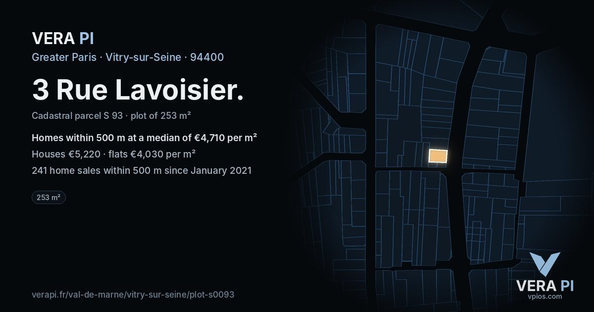 3 Rue Lavoisier, Vitry-sur-Seine at night – the plot lit, the parcels around coloured by the prices near them