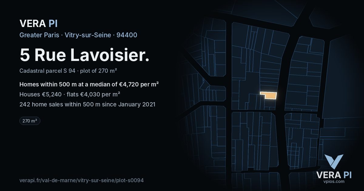 5 Rue Lavoisier, Vitry-sur-Seine at night – the plot lit, the parcels around coloured by the prices near them