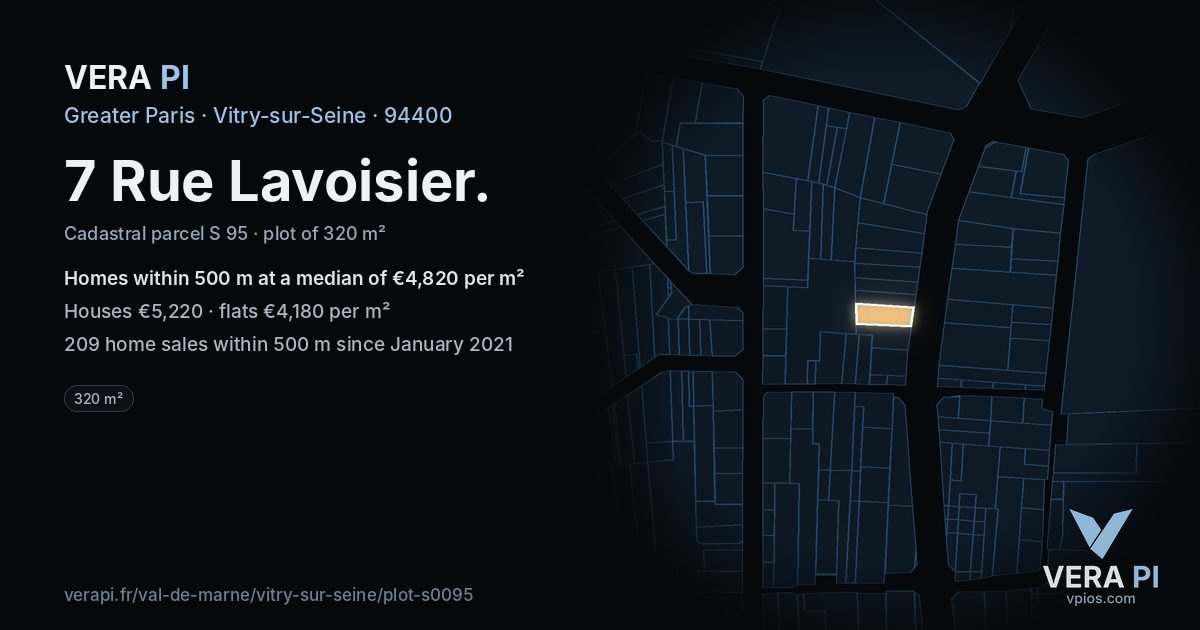 7 Rue Lavoisier, Vitry-sur-Seine at night – the plot lit, the parcels around coloured by the prices near them