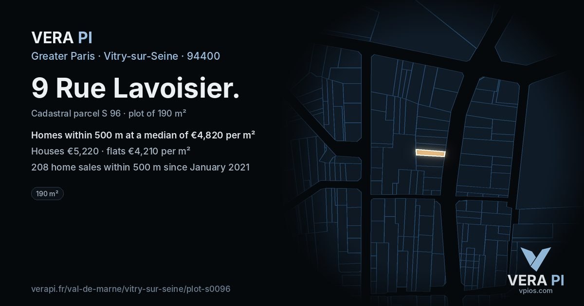 9 Rue Lavoisier, Vitry-sur-Seine at night – the plot lit, the parcels around coloured by the prices near them