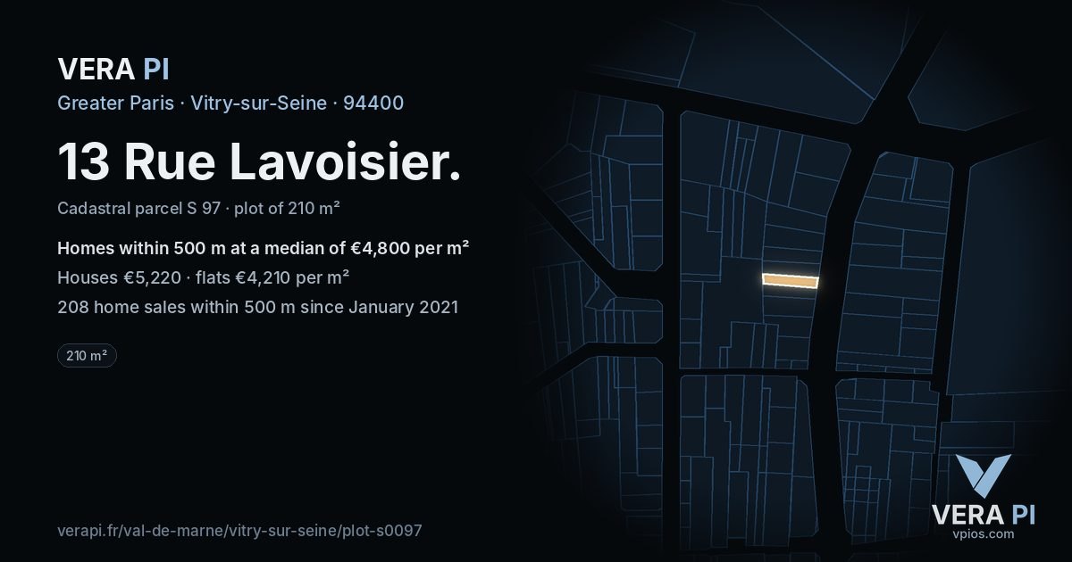13 Rue Lavoisier, Vitry-sur-Seine at night – the plot lit, the parcels around coloured by the prices near them