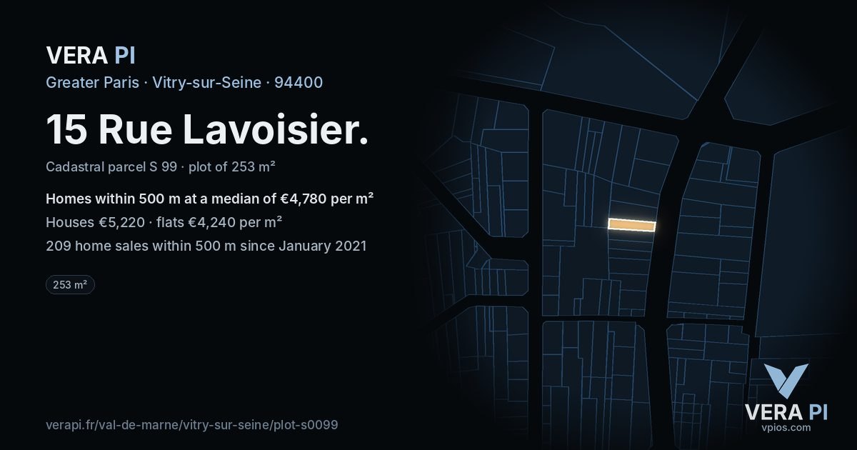 15 Rue Lavoisier, Vitry-sur-Seine at night – the plot lit, the parcels around coloured by the prices near them