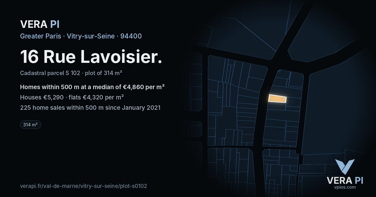 16 Rue Lavoisier, Vitry-sur-Seine at night – the plot lit, the parcels around coloured by the prices near them