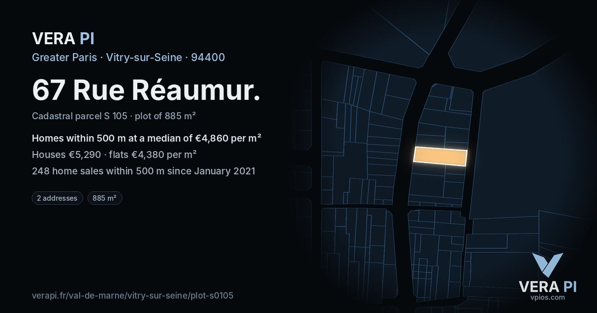 67 Rue Réaumur, Vitry-sur-Seine at night – the plot lit, the parcels around coloured by the prices near them