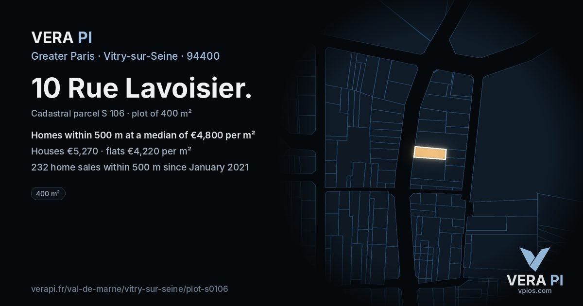 10 Rue Lavoisier, Vitry-sur-Seine at night – the plot lit, the parcels around coloured by the prices near them
