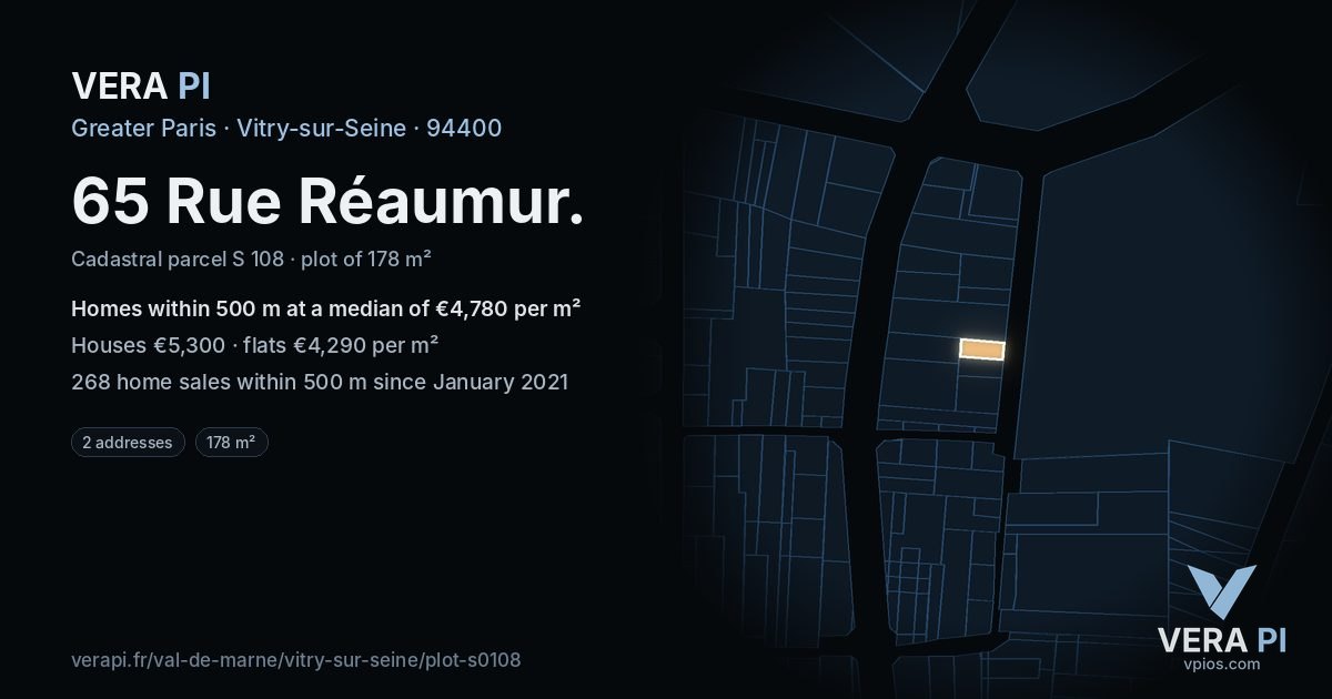 65 Rue Réaumur, Vitry-sur-Seine at night – the plot lit, the parcels around coloured by the prices near them