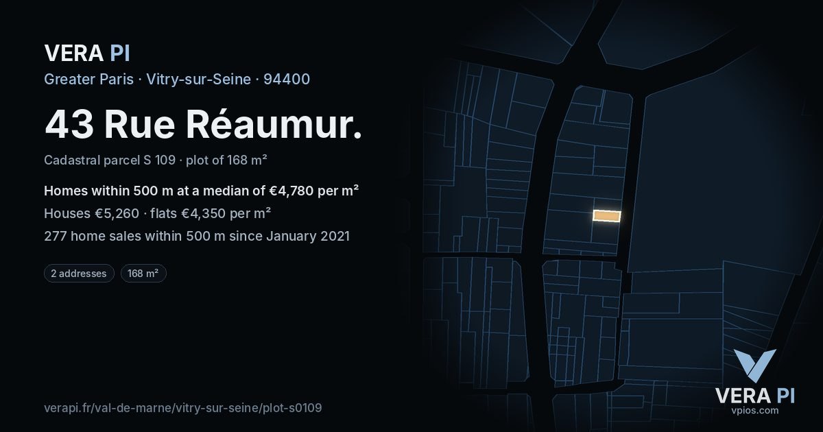 43 Rue Réaumur, Vitry-sur-Seine at night – the plot lit, the parcels around coloured by the prices near them