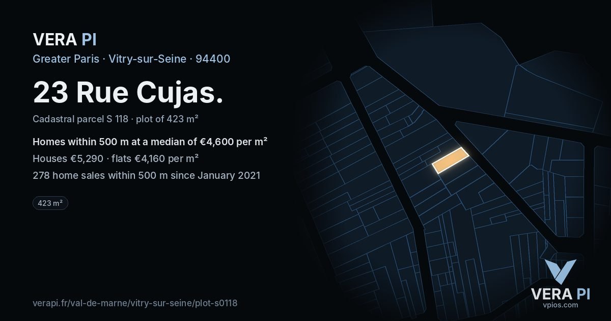 23 Rue Cujas, Vitry-sur-Seine at night – the plot lit, the parcels around coloured by the prices near them