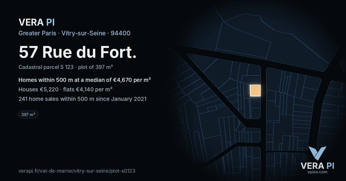 57 Rue du Fort, Vitry-sur-Seine at night – the plot lit, the parcels around coloured by the prices near them