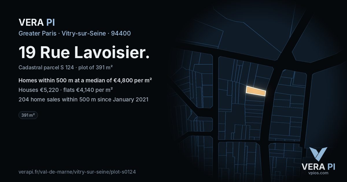 19 Rue Lavoisier, Vitry-sur-Seine at night – the plot lit, the parcels around coloured by the prices near them