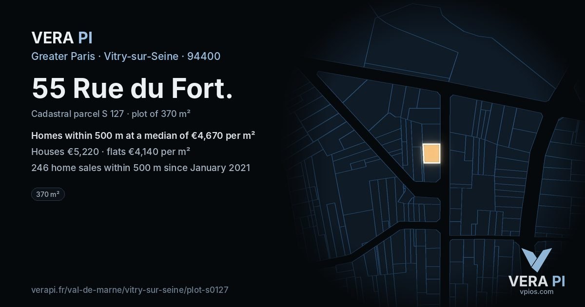 55 Rue du Fort, Vitry-sur-Seine at night – the plot lit, the parcels around coloured by the prices near them