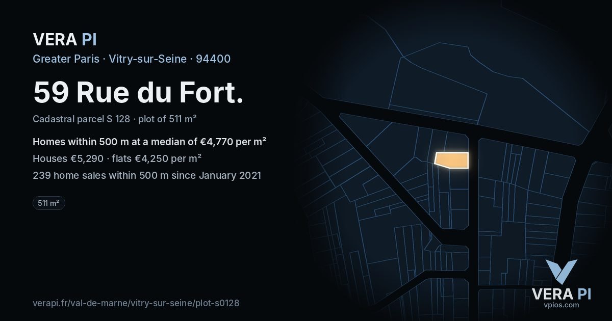 59 Rue du Fort, Vitry-sur-Seine at night – the plot lit, the parcels around coloured by the prices near them