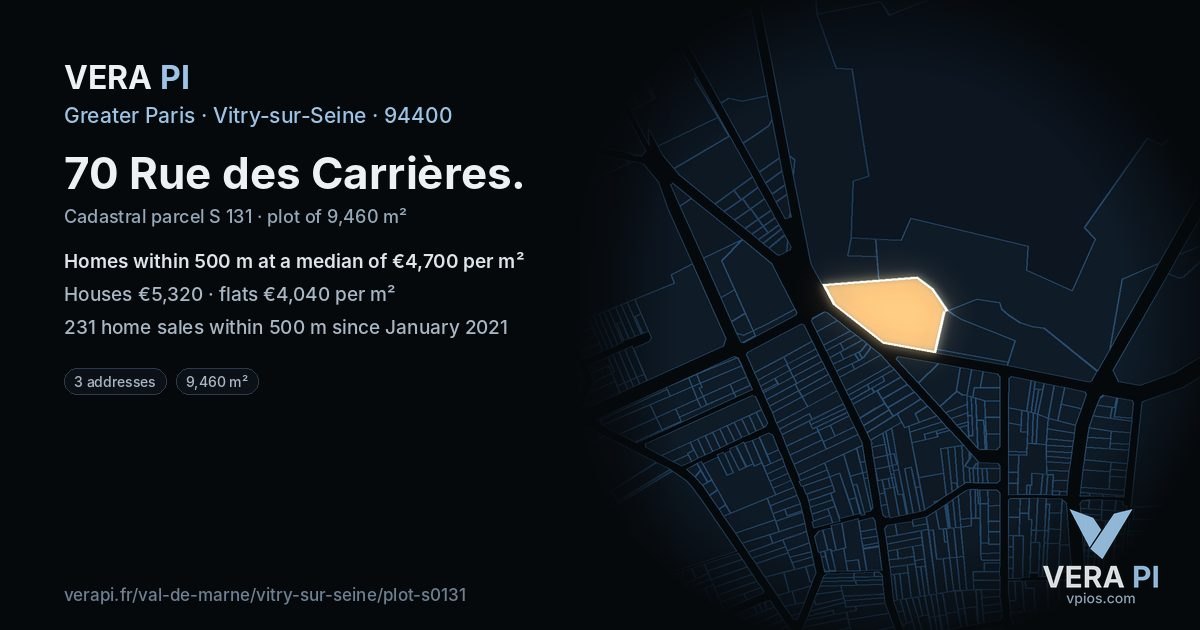 70 Rue des Carrières, Vitry-sur-Seine at night – the plot lit, the parcels around coloured by the prices near them