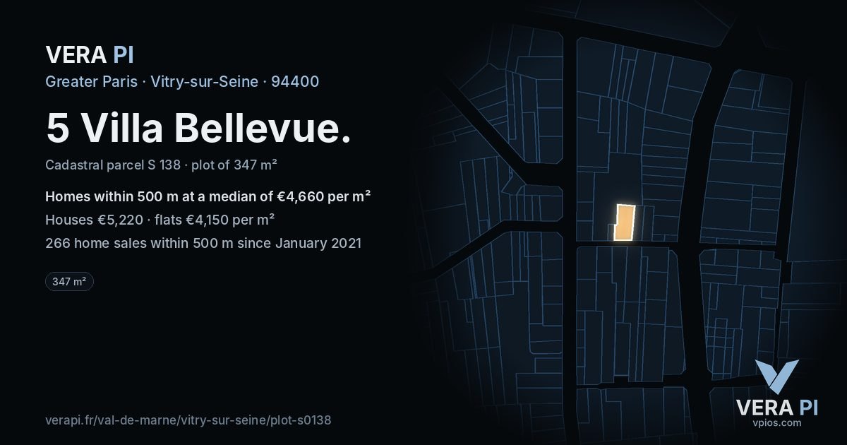 5 Villa Bellevue, Vitry-sur-Seine at night – the plot lit, the parcels around coloured by the prices near them