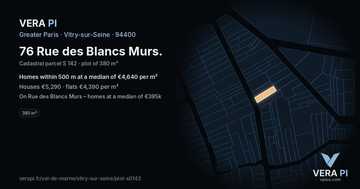 76 Rue des Blancs Murs, Vitry-sur-Seine at night – the plot lit, the parcels around coloured by the prices near them