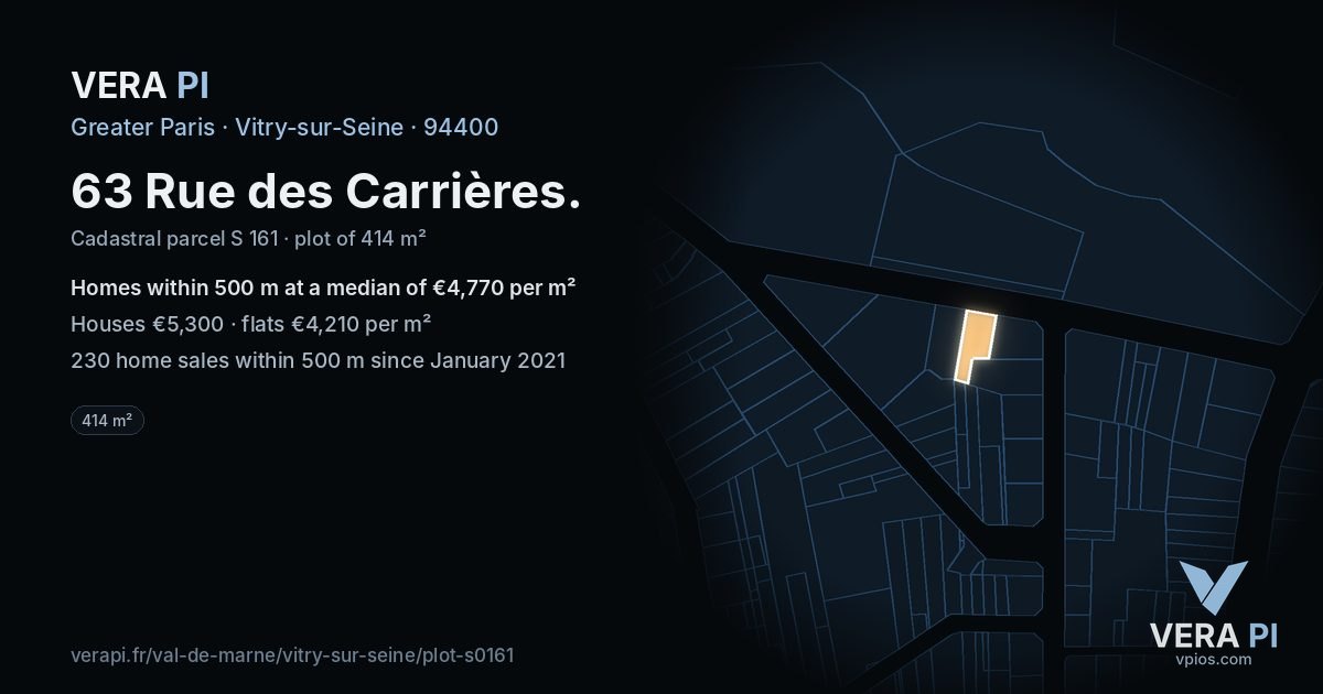 63 Rue des Carrières, Vitry-sur-Seine at night – the plot lit, the parcels around coloured by the prices near them