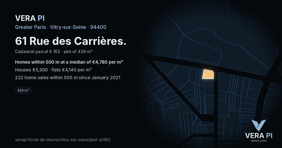 61 Rue des Carrières, Vitry-sur-Seine at night – the plot lit, the parcels around coloured by the prices near them
