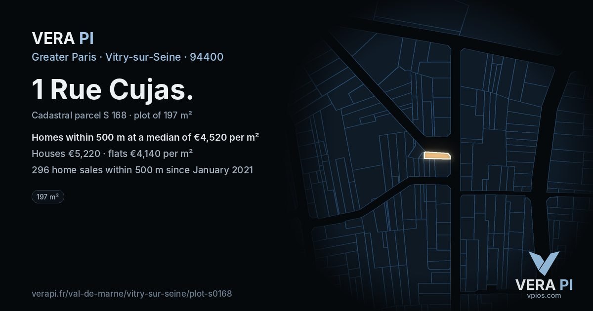 1 Rue Cujas, Vitry-sur-Seine at night – the plot lit, the parcels around coloured by the prices near them