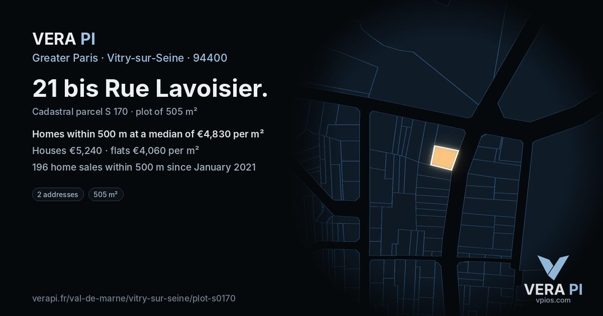 21 bis Rue Lavoisier, Vitry-sur-Seine at night – the plot lit, the parcels around coloured by the prices near them