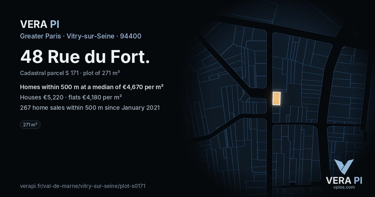 48 Rue du Fort, Vitry-sur-Seine at night – the plot lit, the parcels around coloured by the prices near them