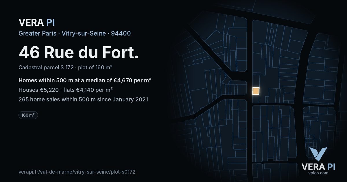 46 Rue du Fort, Vitry-sur-Seine at night – the plot lit, the parcels around coloured by the prices near them