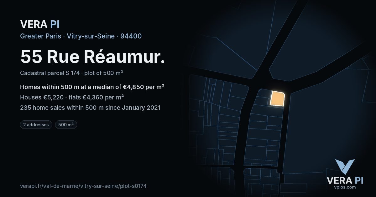 55 Rue Réaumur, Vitry-sur-Seine at night – the plot lit, the parcels around coloured by the prices near them