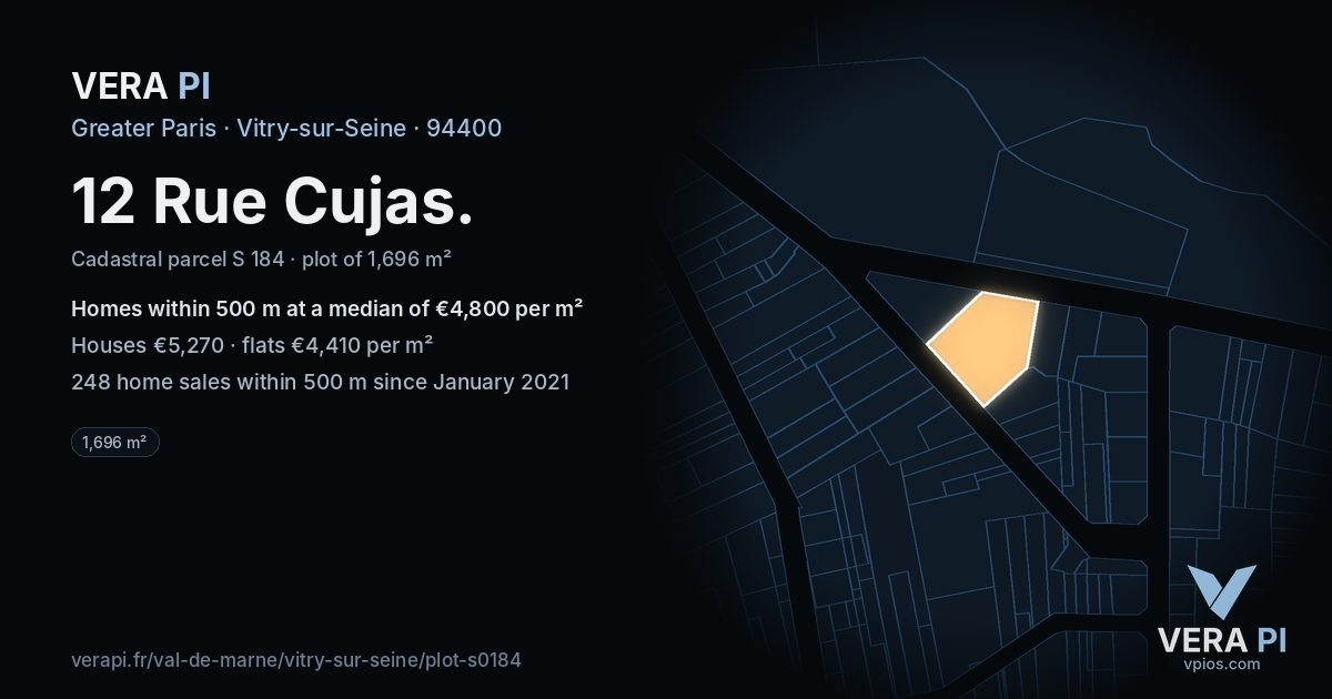 12 Rue Cujas, Vitry-sur-Seine at night – the plot lit, the parcels around coloured by the prices near them